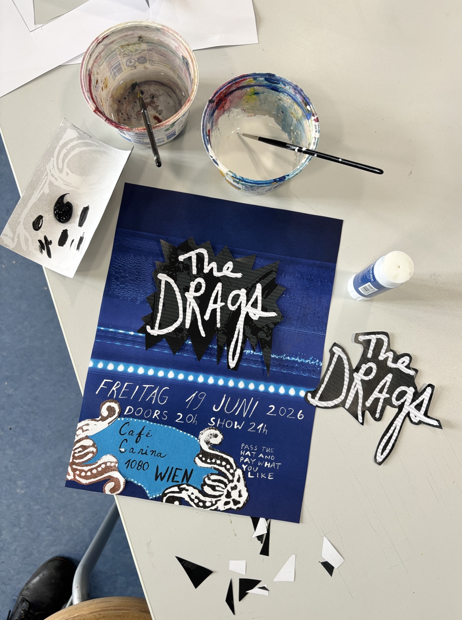 Hand-painted gig poster art for The Drags at Café Carina, Vienna